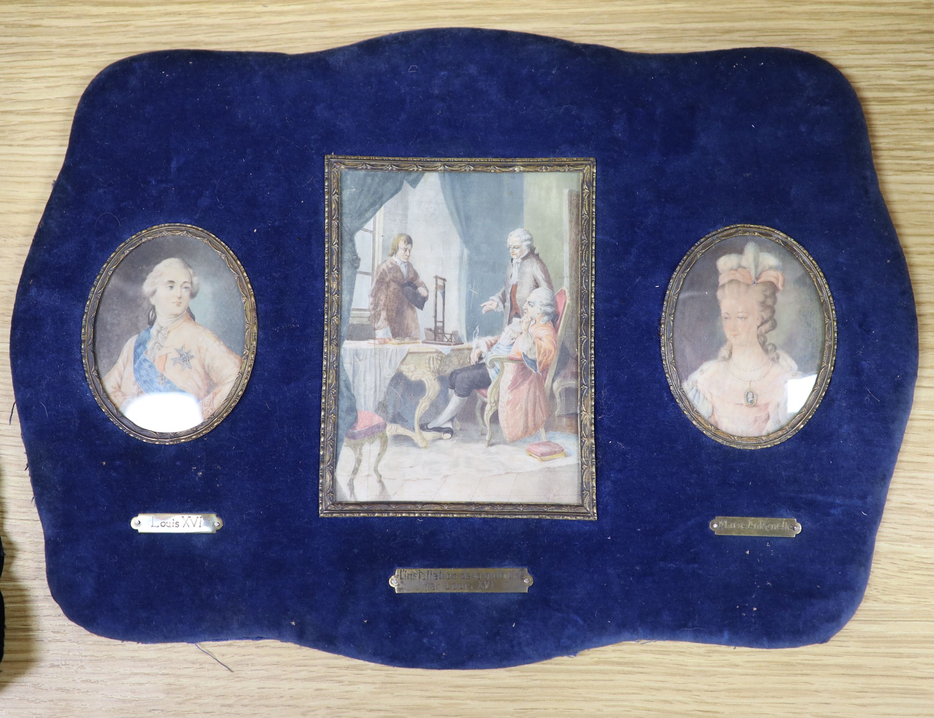 A group of three portrait miniatures, Louis XVI, Marie Antoinette & Monsieur Gillotine, largest 13.5 x 9.5cm.